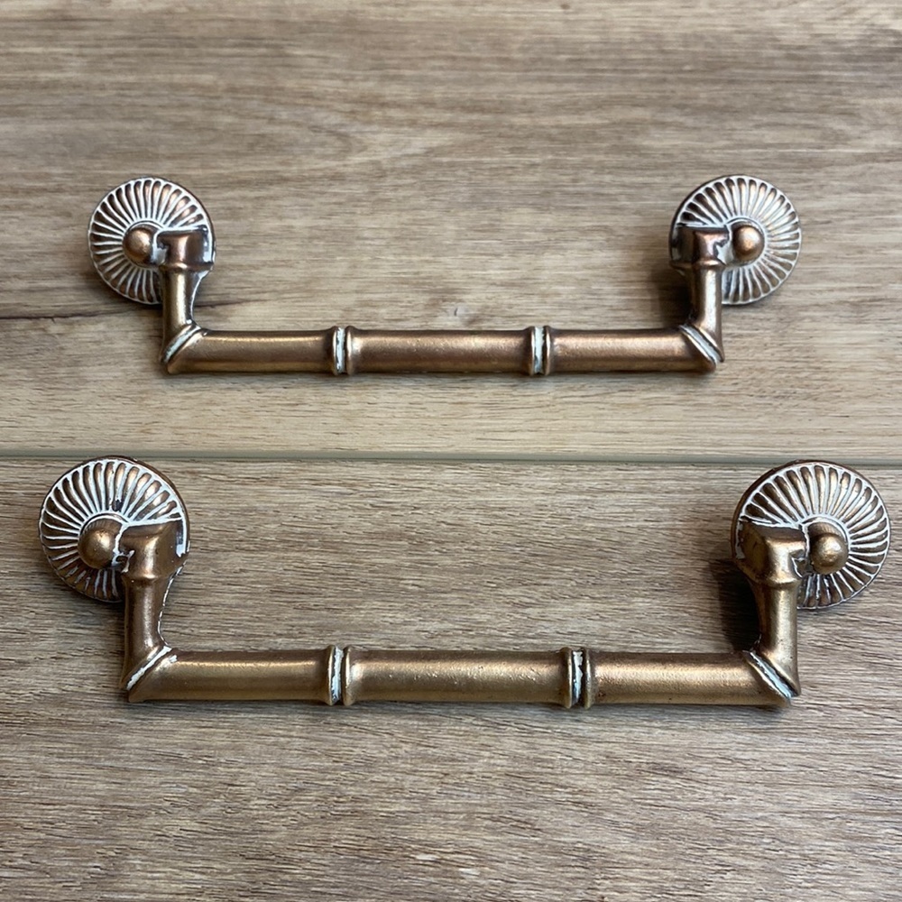 VTG Antique Brass Bamboo Drawer Pulls Hollywood Regency MCM